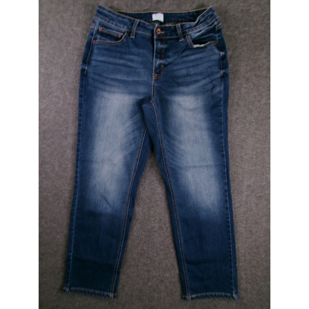 Time Tru Jeans Women 12 Short Blue Mid Rise Straight Leg Dark Wash Causal Faded